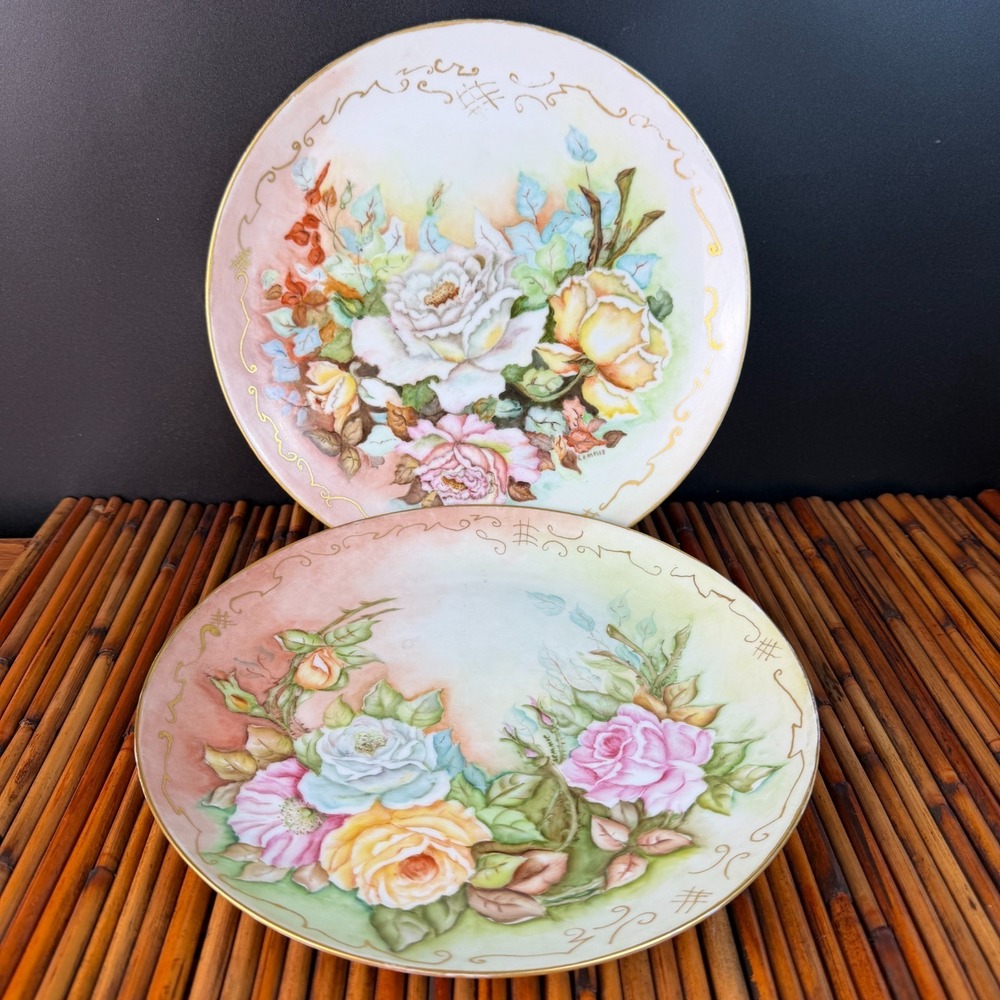 German Bavaria Hand Painted Rose Plates 1952 Signed Pair Arzberg Cottagecore 188